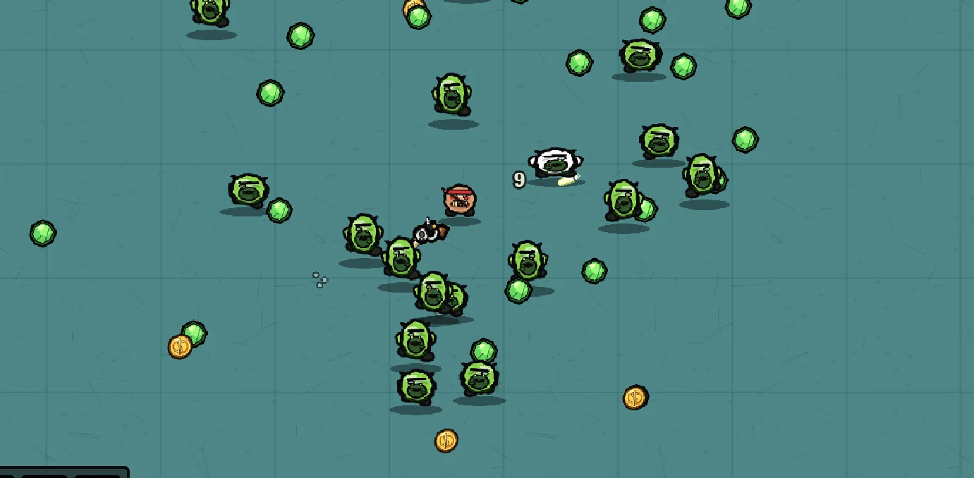 Chip McFry surrounded by enemies, XP gems and gold during gameplay