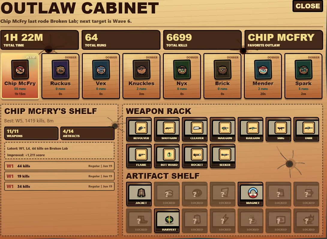 Outlaw Cabinet showing squad members, weapons and artifacts