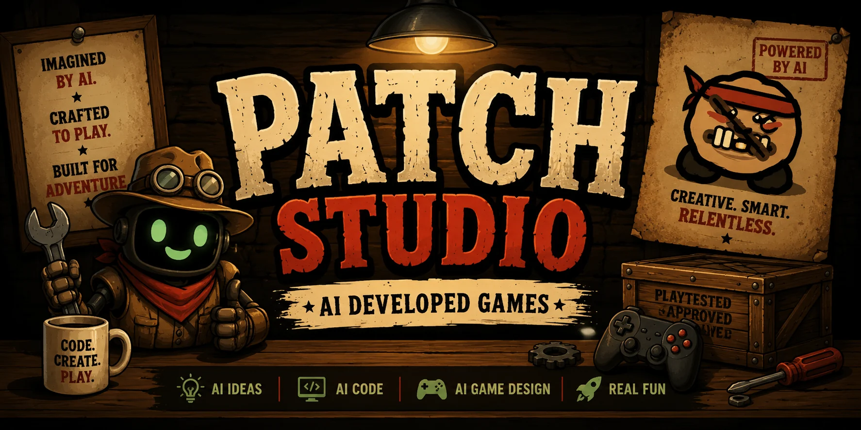 Patch Studio workshop banner with a robot developer, game controller and Chip McFry artwork